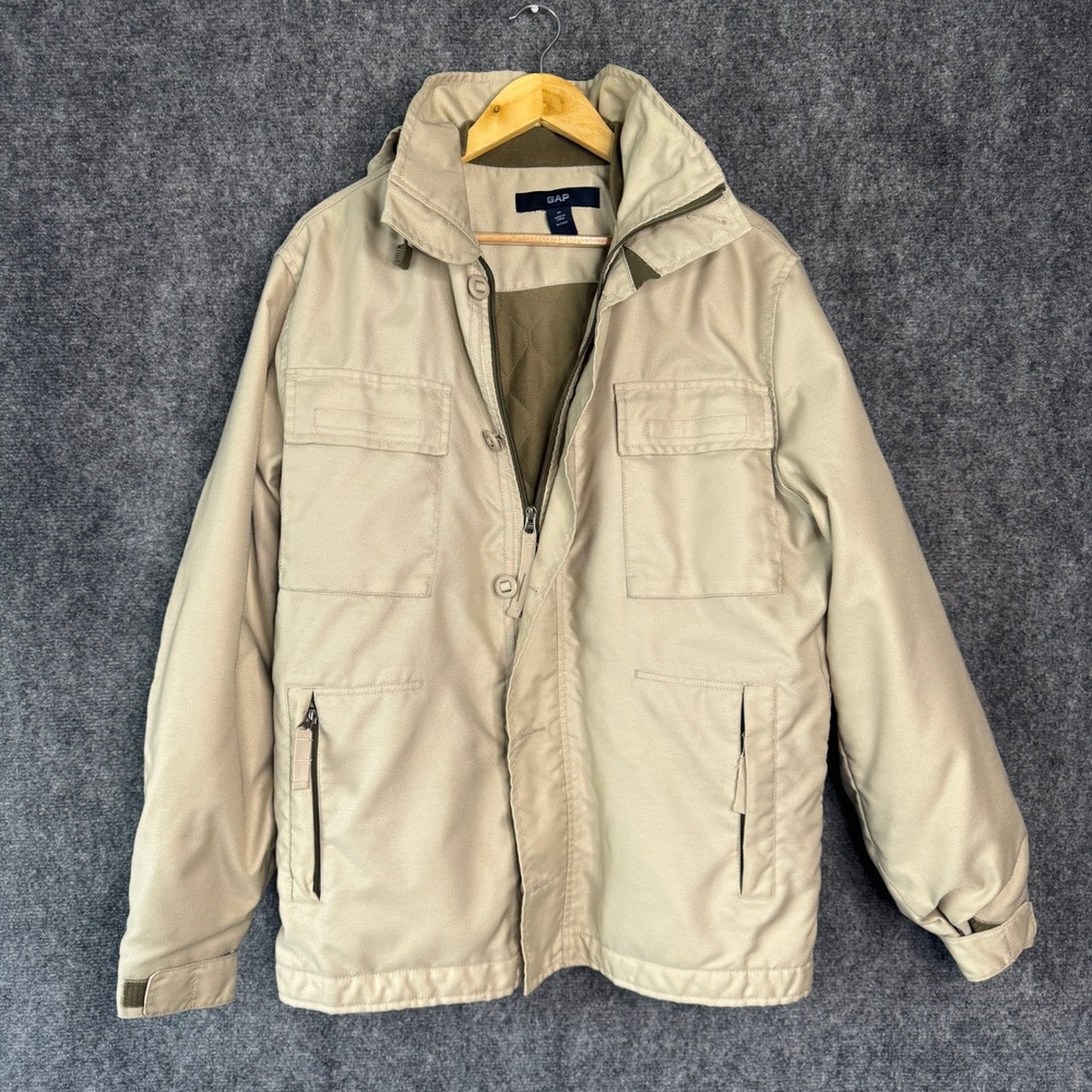 GAP Jacket Mens Medium Beige Field Coat Hooded Full Zip Utility‎ Gorpcore Hiking